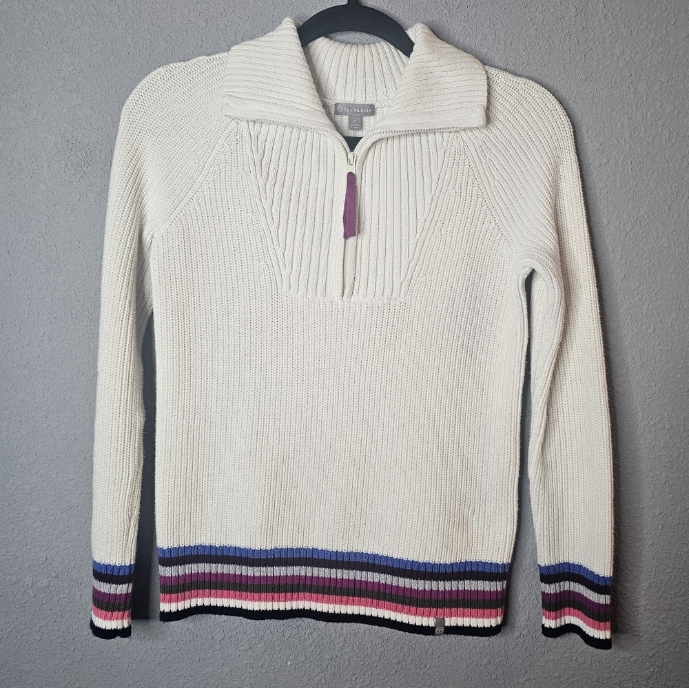 T by Talbots Petite Womens PS Polo Sweater Quarter Zip Stripe Preppy Academia